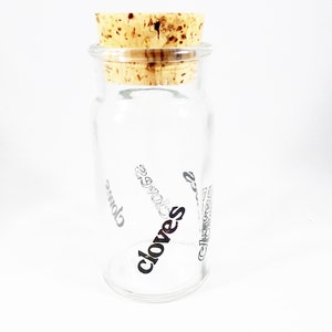 Clear Glass Bottle with Large Natural Cork, Typography Spice Jar with Cork