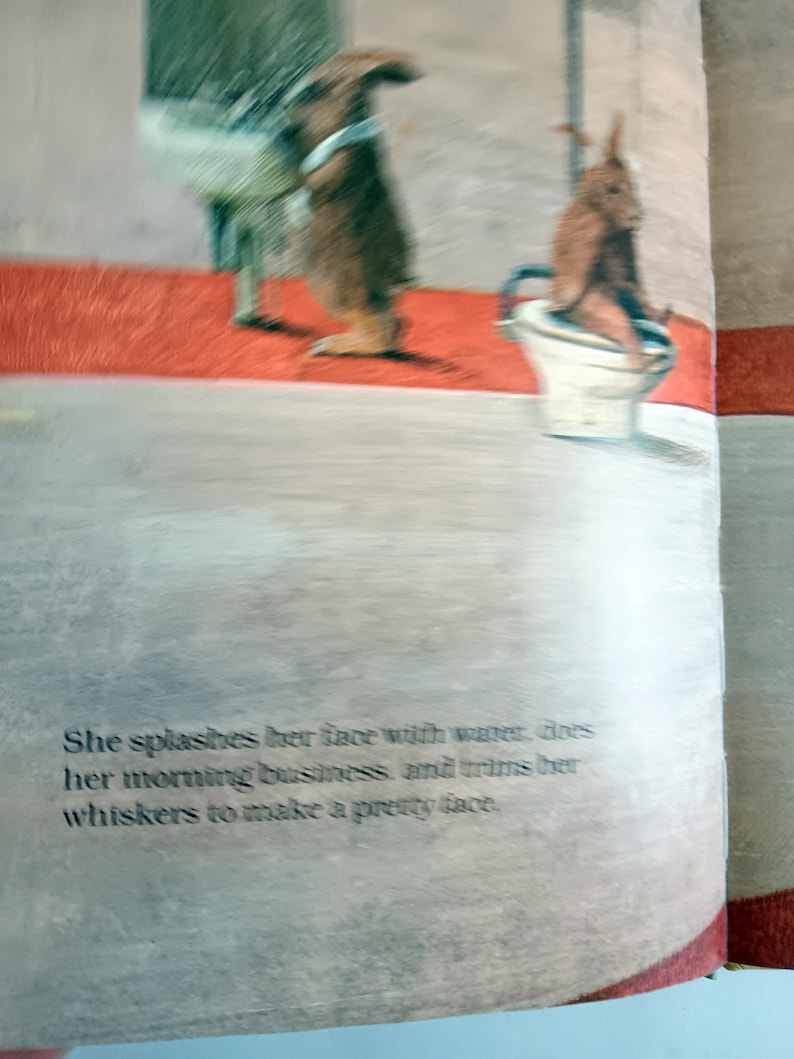 May include: Illustration from a children's book featuring two brown rabbits. One rabbit stands near a sink, while the other sits on a toilet. The text reads, "She splashes her face with water, does her morning business, and trims her whiskers to make a pretty face."