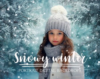 Snowy winter portrait digital backdrops, Snow photo overlays