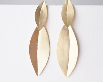 Long earrings. Double long gold plated leaf earrings. Organic Jewellery.