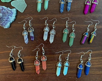 Crystal Point Earrings, Healing Hexagonal Crystal Earring, Bohemian 90s Jewelry, Amethyst, Rose Quartz, Opalite, Green Aventurine