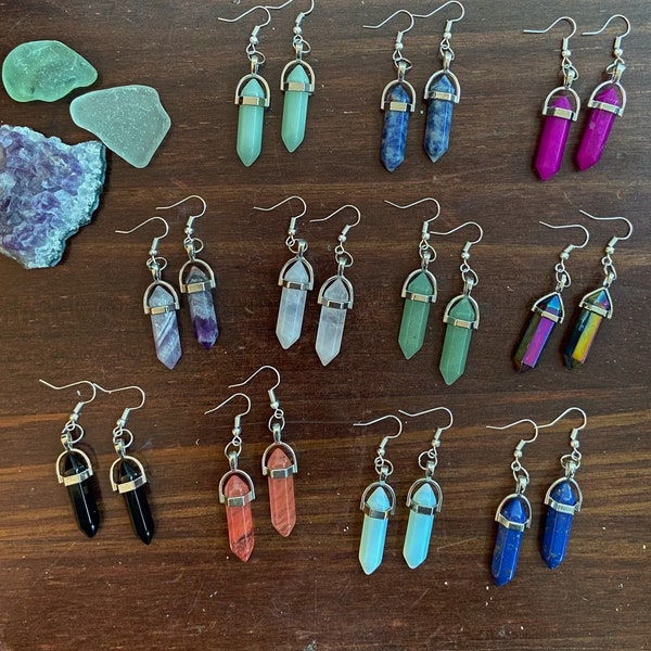 Crystal Point Earrings, Healing Hexagonal Crystal Earring, Bohemian 90s Jewelry, Amethyst, Rose Quartz, Opalite, Green Aventurine