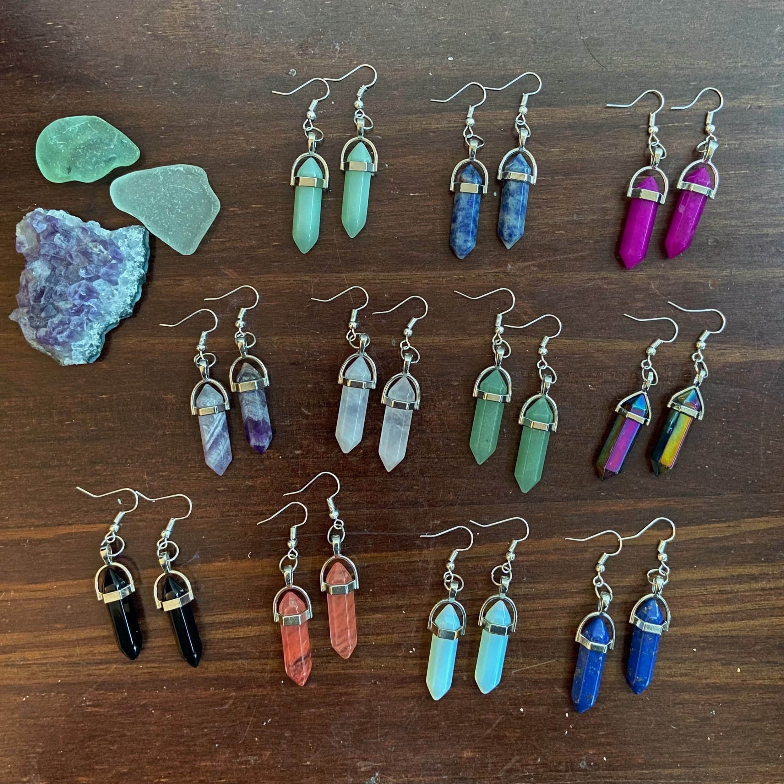 Crystal Point Earrings, Healing Hexagonal Crystal Earring, Bohemian 90s Jewelry, Amethyst, Rose Quartz, Opalite, Green Aventurine