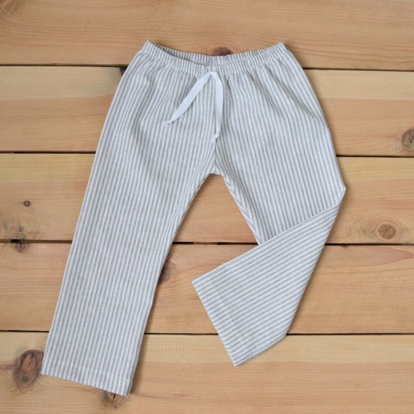 pantalones de lino: pantalones de lino de rayas grises para bebés pequeños, pantalones de lino para niños pequeños, pantalones de lino de rayas grises beige