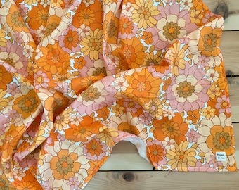 swaddle blanket : flower power, muslin flower  70s baby swaddle, organic swaddle blanket, retro swaddle orange pink floral