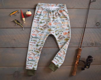 baby toddler leggings : fish, fishing toddler pants, organic fish baby pants, blue fish baby pants