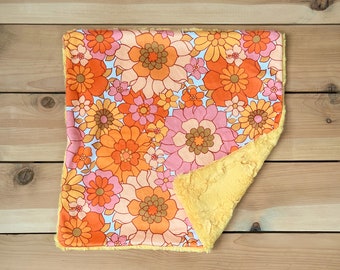 lovey : flower power, 70s retro floral baby blanket, security blanket pink orange flower, mustard fur, retro flowers lovey