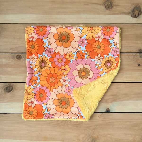 lovey : flower power, 70s retro floral baby blanket, security blanket pink orange flower, mustard fur, retro flowers lovey