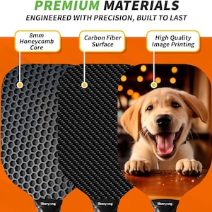May include: Three paddle rackets with different surface materials. The first racket has a honeycomb core, the second has a carbon fiber surface, and the third has a high-quality image print. The rackets are all black and have the word "&uuml;berpong" printed on the bottom.