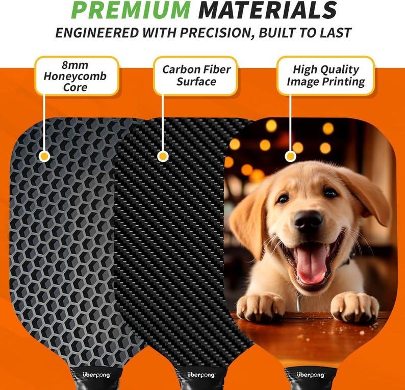 May include: Three paddle rackets with different surface materials. The first racket has a honeycomb core, the second has a carbon fiber surface, and the third has a high-quality image print. The rackets are all black and have the word "&uuml;berpong" printed on the bottom.