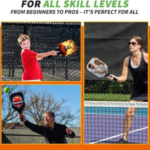 May include: Four people playing pickleball on a court with a black net. The pickleball paddles have different designs, including a cartoon superhero, a couple, and a football. One paddle has the word "AMERICAN" on it.