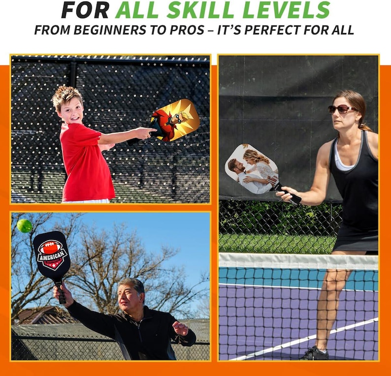 May include: Four people playing pickleball on a court with a black net. The pickleball paddles have different designs, including a cartoon superhero, a couple, and a football. One paddle has the word "AMERICAN" on it.