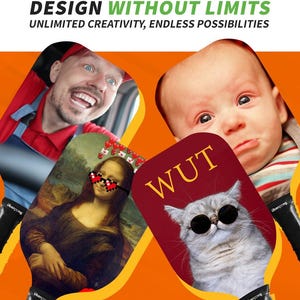 May include: Four different designs for a custom paddle. The designs include a portrait of the Mona Lisa with sunglasses and hearts, a baby with a serious expression, a cat with sunglasses, and a man driving a car. The paddle is red with the word "WUT" printed on it.
