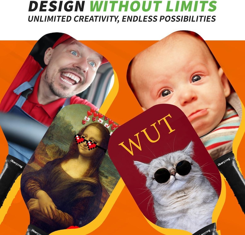 May include: Four different designs for a custom paddle. The designs include a portrait of the Mona Lisa with sunglasses and hearts, a baby with a serious expression, a cat with sunglasses, and a man driving a car. The paddle is red with the word "WUT" printed on it.
