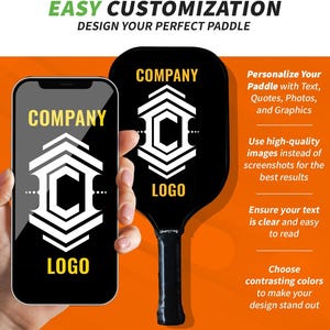 May include: A black and white design template for a pickleball paddle. The design includes the text "COMPANY" and "LOGO" with a geometric design. The paddle is shown in the hand of a person holding a smartphone with the same design.