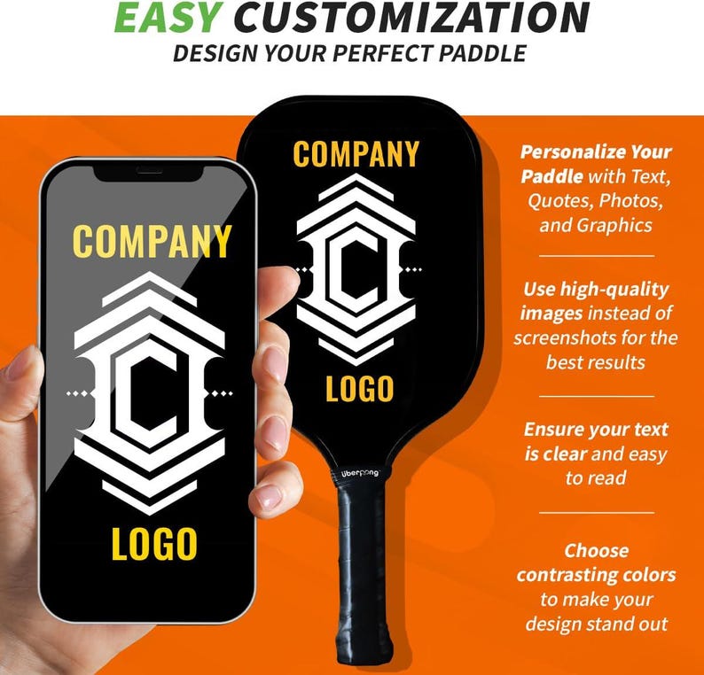 May include: A black and white design template for a pickleball paddle. The design includes the text "COMPANY" and "LOGO" with a geometric design. The paddle is shown in the hand of a person holding a smartphone with the same design.