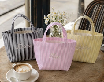 Personalized Mini Seersucker Tote Bag, Custom Embroidered Name Striped Purse, Bridesmaid Gift, Flower Girl Bag, Preppy Summer Tote