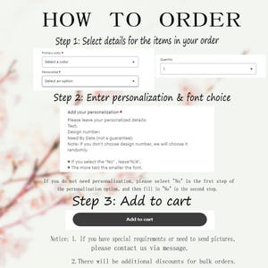 Puede incluir: Instrucciones para pedir un producto personalizado. Selecciona los detalles de los art&iacute;culos de tu pedido, introduce la personalizaci&oacute;n y la elecci&oacute;n de fuente, y a&ntilde;ade al carrito. Aviso: Si tienes requisitos especiales o necesitas enviar im&aacute;genes, ponte en contacto con nosotros por mensaje. Habr&aacute; descuentos adicionales para pedidos al por mayor.