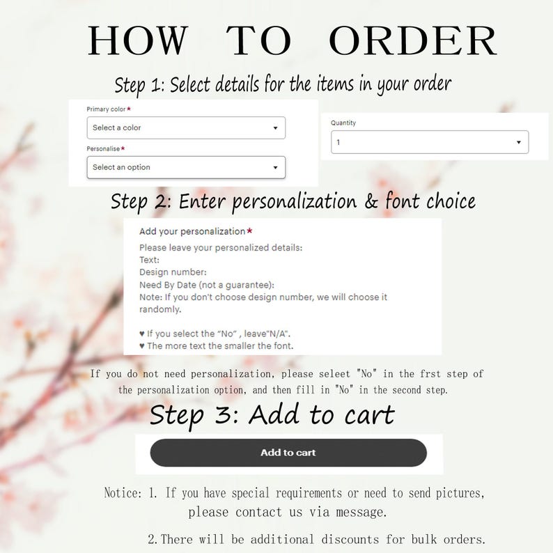 Puede incluir: Instrucciones para pedir un producto personalizado. Selecciona los detalles de los art&iacute;culos de tu pedido, introduce la personalizaci&oacute;n y la elecci&oacute;n de fuente, y a&ntilde;ade al carrito. Aviso: Si tienes requisitos especiales o necesitas enviar im&aacute;genes, ponte en contacto con nosotros por mensaje. Habr&aacute; descuentos adicionales para pedidos al por mayor.