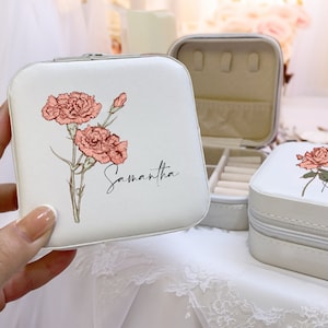 Portagioie da viaggio, portagioie in pelle incisa, portagioie da viaggio con fiori di nascita, regali di compleanno, organizer per gioielli, regalo di fiori del mese