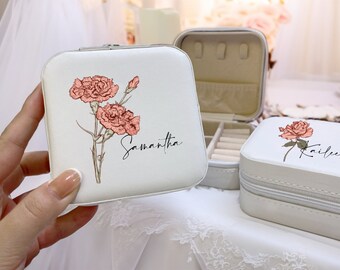 Jewelry Box Travel Case,Engraved Leather Jewelry box,Birth Flower Jewelry Travel Case,Birthday Gifts,Jewelry Organizer,Month Flower Gift
