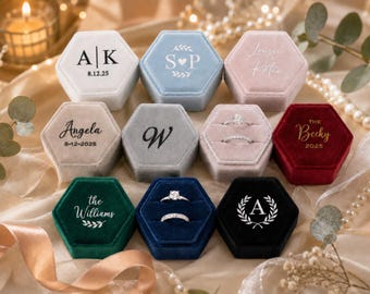 Personalized Velvet Ring Box, Custom Wedding Ring Box, Hexagon Ring Bearer Box, Monogram Ring Box with Initials and Date, Engagement Gift