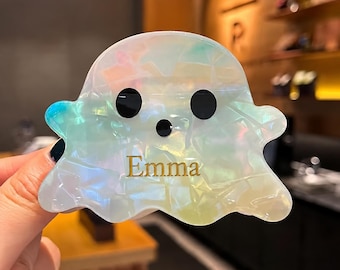 Personalized Ghost Claw Clip, Iridescent Halloween Hair Accessory with Custom Name