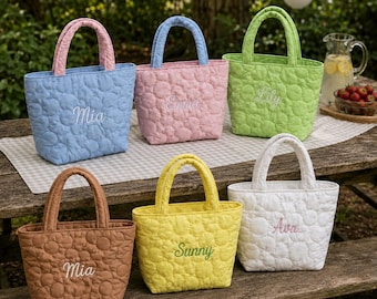 Personalized Quilted Tote Bag, Embroidered Name Mini Handbag, Pastel Flower Tote, Gift for Her