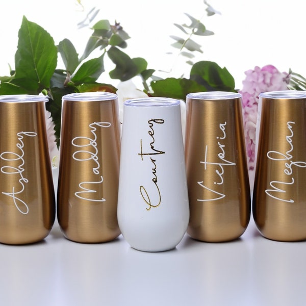 Personalized Champagne Tumbler, bridesmaid flute, Bachelorette Wine Glass Party, Bridesmaid Gifts for Her, Tumbler with Lid, Wedding Gift