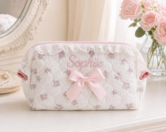 Personalized Bow Makeup Bag, Custom Embroidered Name Cosmetic Pouch, Quilted Gingham Toiletry Bag, Bridesmaid Gift for Her