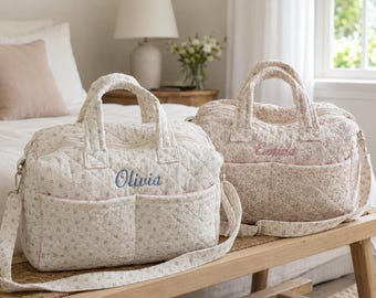 Personalized Quilted Diaper Bag, Floral Mommy Weekender, Custom Embroidered Name Hospital Travel Bag, New Mom Baby Shower Gift