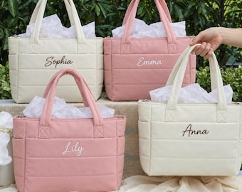 Personalized Quilted Tote Bag with Embroidered Name, Zip Top, 9 Colors