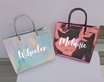 Custom Holographic Handbag，Bridesmaid Tote Bags, Maid of Honor Tote, Personalized Bridesmaid Bags,Rainbow Pouch