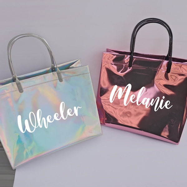 Benutzerdefinierte holografische Handtasche ， Brautjungfer Tragetaschen, Trauzeugin Tragetasche, personalisierte Brautjungfer Taschen, Regenbogen-Beutel