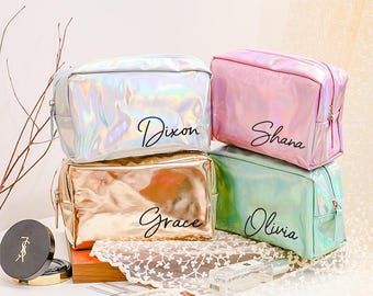 Engraved Name Cosmetic Bag,Monogram Makeup Bag Personalized Leather Toiletry Bag,Birth Month Bridesmaid Bag,Bridal Party Gifts,Xmas Gift