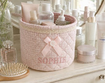Personalized Quilted Fabric Storage Basket, Custom Embroidered Name Nursery Organizer, Baby Shower Gift, Small Cotton Basket for Baby Room