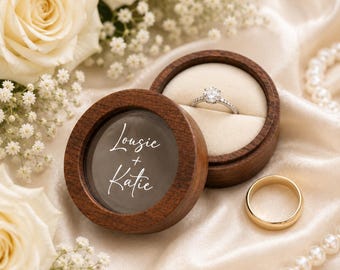 Personalized Wooden Ring Box, Custom Wedding Ring Bearer Box, Engraved Round Ring Holder, Proposal Ring Box, Anniversary Gift for Couple