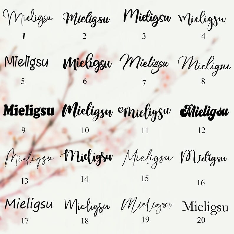 Puede incluir: Una cuadr&iacute;cula de 20 im&aacute;genes, cada una con la palabra "Mieligsu" escrita en un estilo de fuente diferente. Los n&uacute;meros del 1 al 20 se muestran debajo de cada imagen.