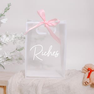 May include: A clear plastic gift bag with a white handle and a pink ribbon tied in a bow. The bag has the word "Riches" written on it in white.