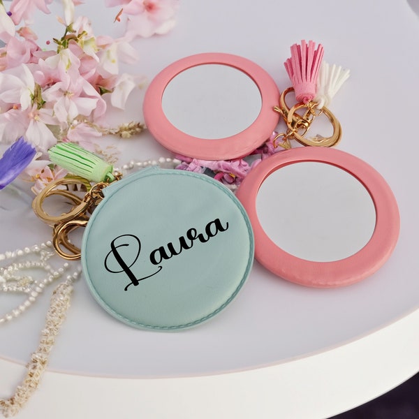 Personalised name Compact Mirror With Leather Case，Customized keychain，Minimalist Mirror , Hand Pocket Mirror Personalised with Initials