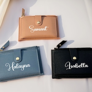 Mini carteira personalizada com nome, carteira de dama de honra, carteira de couro, carteira personalizada, bolsa de despedida de solteira minimalista, presentes para mamãe