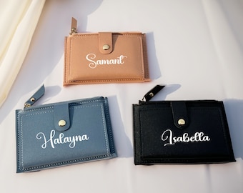 Mini billetera personalizada con nombre, billetera de dama de honor, billetera de cuero, billetera personalizada, bolso de embrague de boda de despedida de soltera minimalista, regalos para mamá