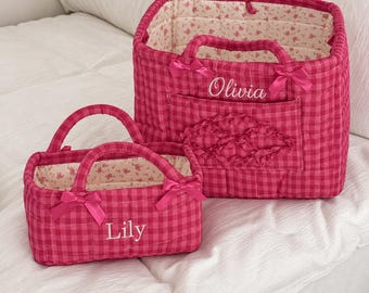 Personalized Gingham Storage Basket with Embroidered Name, Quilted Fabric and Bows