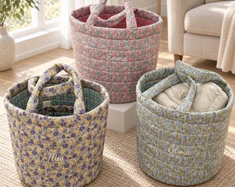 Personalized Quilted Storage Basket, Floral Fabric Organizer with Custom Embroidered Name, 3 Sizes