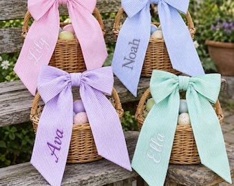 Personalized Basket Bow with Embroidered Name, Large Striped Fabric Bow with Long Tails