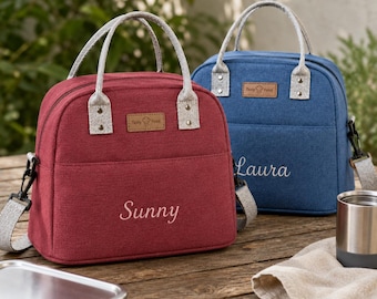 Personalized Insulated Lunch Bag with Embroidered Name, Adjustable Shoulder Strap, 5 Colors