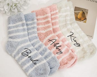 Fuzzy Socks Bridesmaid Socks Gift Ideas Bridesmaid Proposal GiftsPersonalized Warm Wool Socks for Women, Bridal Party SleepoverStriped Socks
