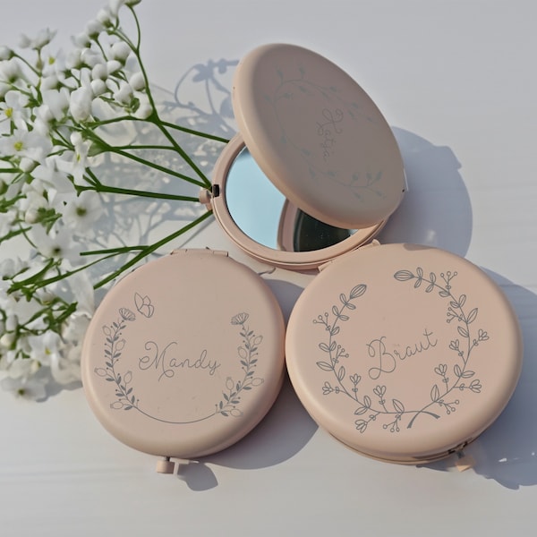 Calligraphy Engraved Compact Mirror ,Personalized Pink Pocket Mirror ,Engraved Bridesmaid Name Gift,Custom  Makeup Mirror