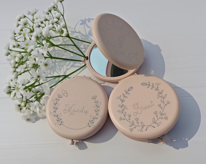 Calligraphy Engraved Compact Mirror ,Personalized Pink Pocket Mirror ,Engraved Bridesmaid Name Gift,Custom  Makeup Mirror