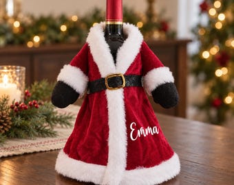 Personalized Santa Wine Bottle Cover, Red or Pink Christmas Bottle Outfit